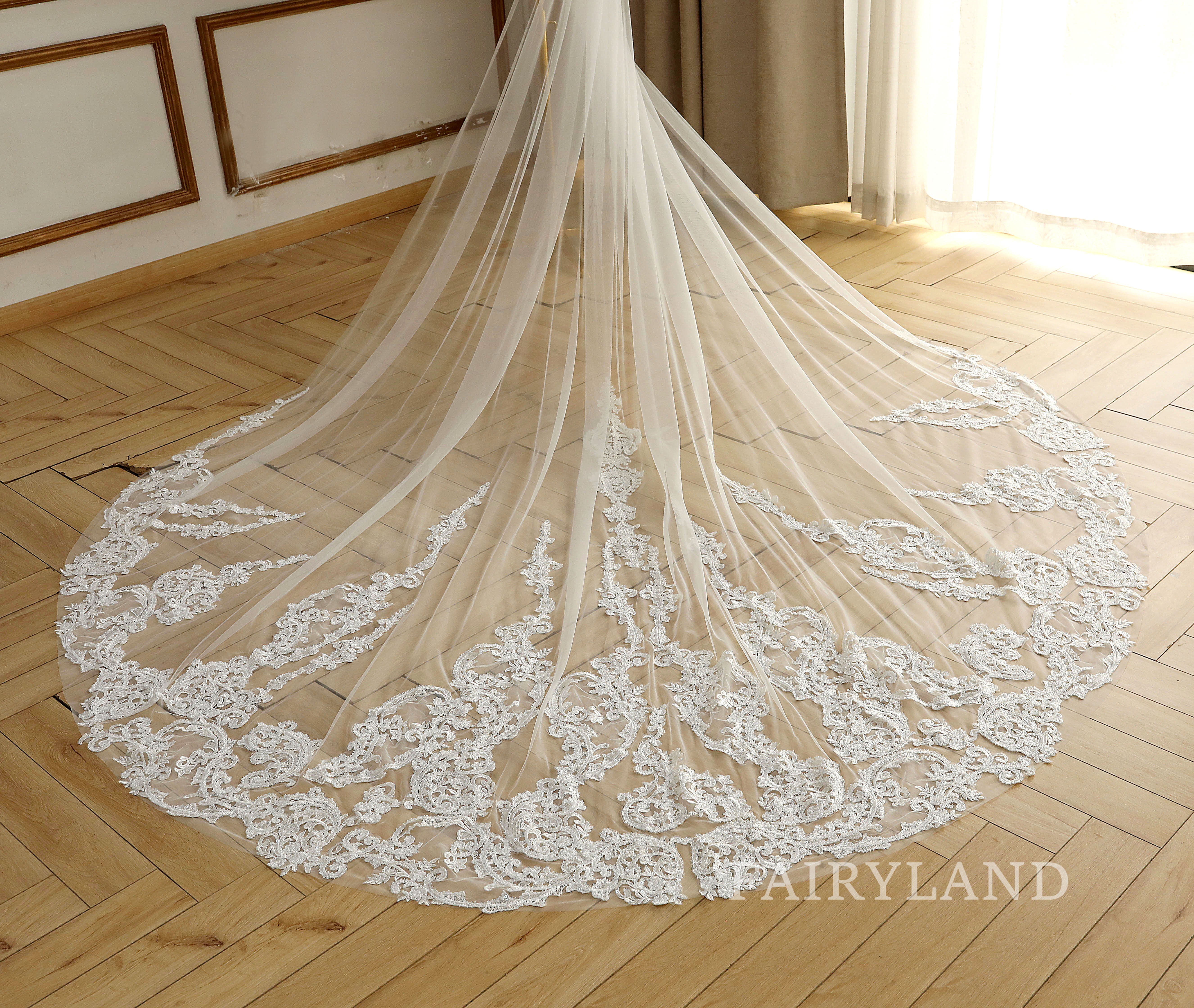 Vintage lace bridal veil glitter sequins wedding veil gorgeous church bridal veil