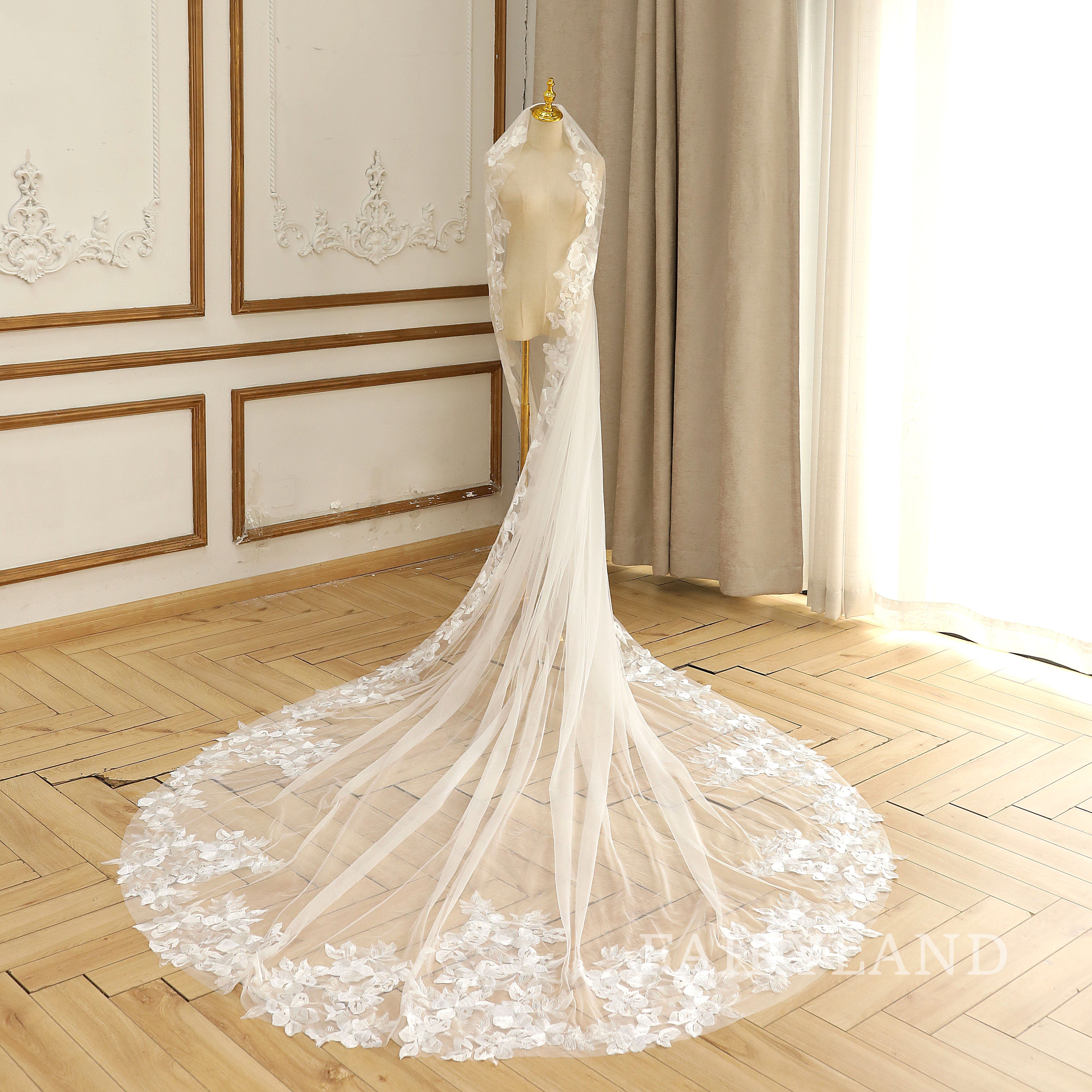Full Lace edge Bridal Veil Leaves Wedding Veil Elegant Blush Veil