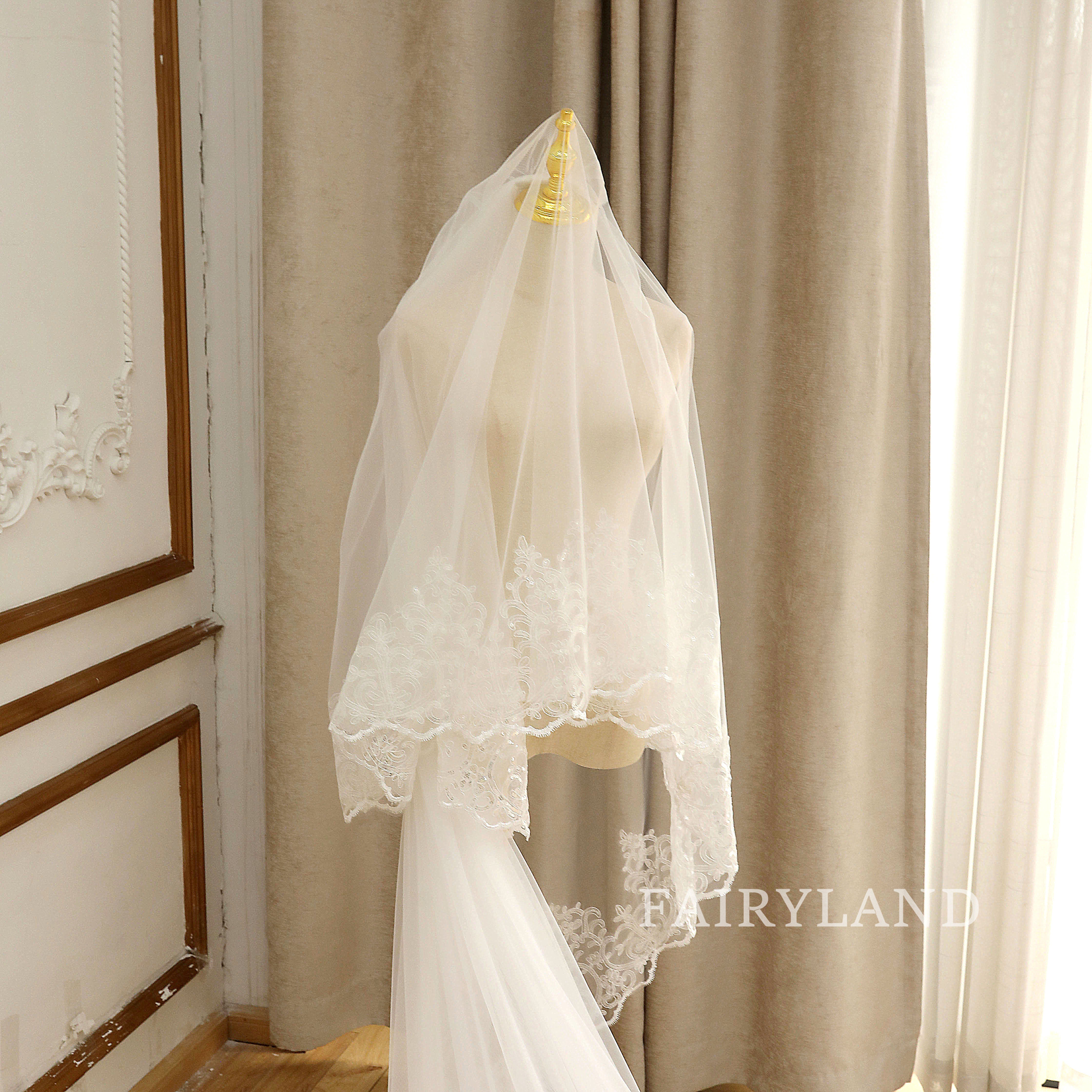 Cathedral Glitter Edge Flower Blush Wedding Veil For Bridal