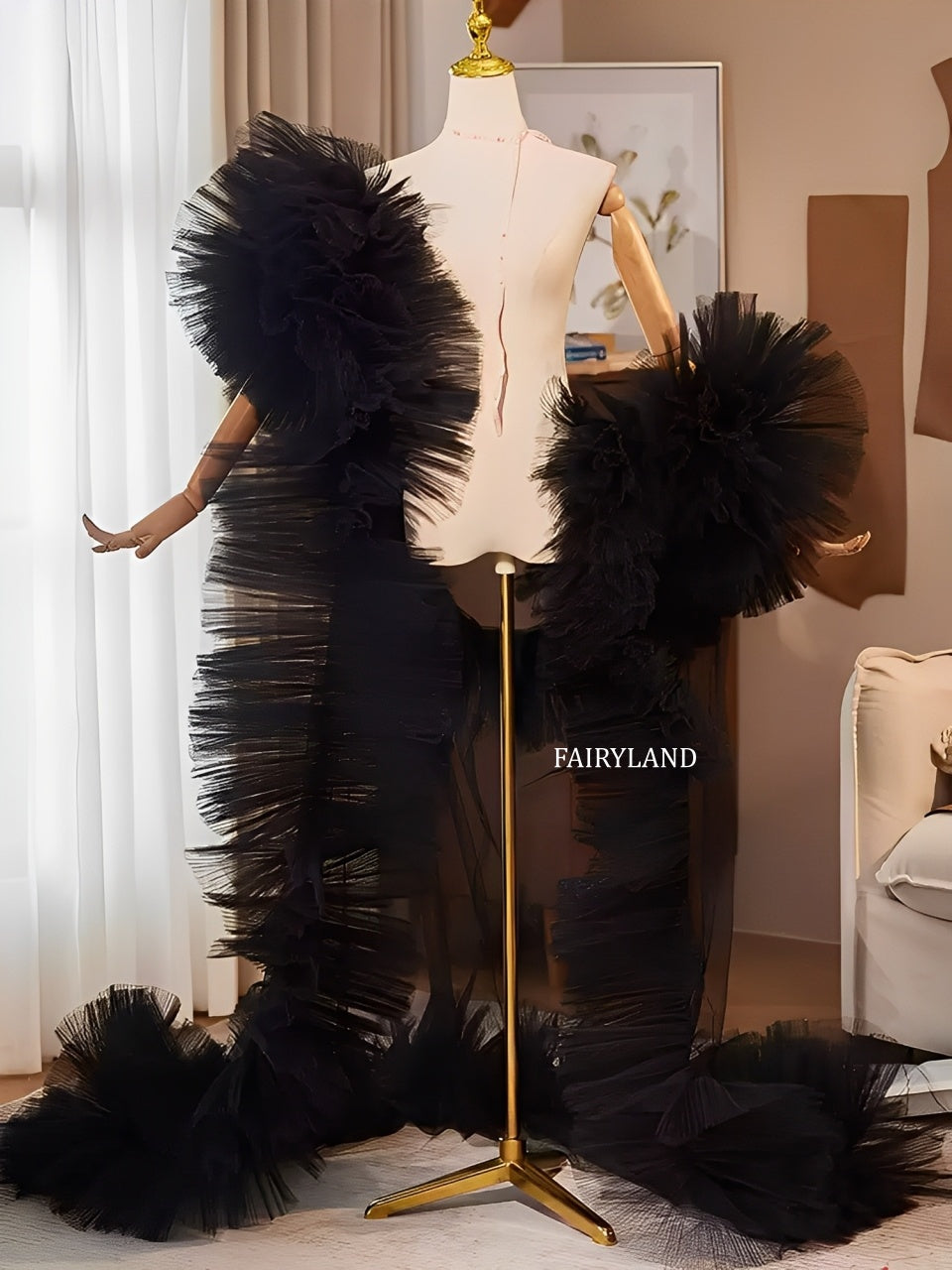 Black Dramatic Ruffled Tulle Sleeves – Couture Statement Detachable Bridal & Fashion Accessories