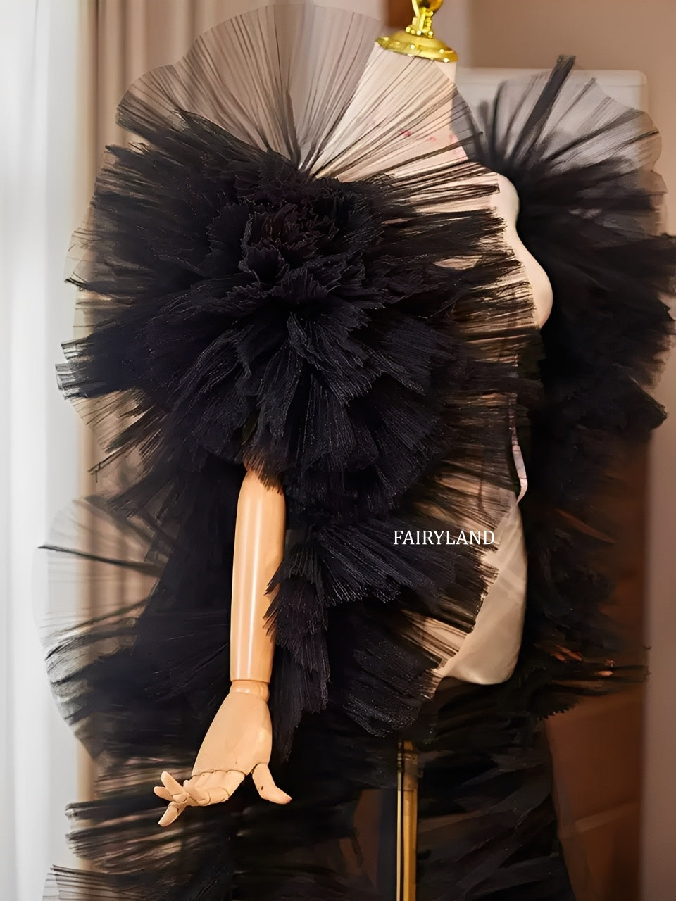 Black Dramatic Ruffled Tulle Sleeves – Couture Statement Detachable Bridal & Fashion Accessories
