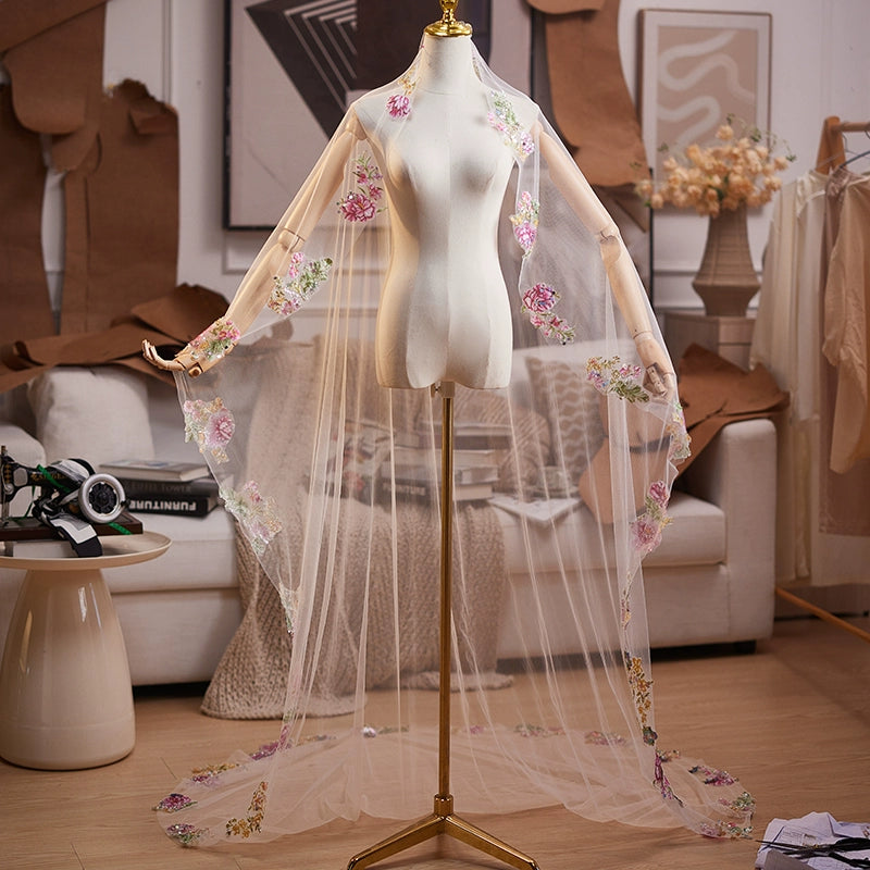 Embroidered Floral Tulle Bridal Cape Veil – Long Sheer Wedding Cape with Delicate Appliqué Edge