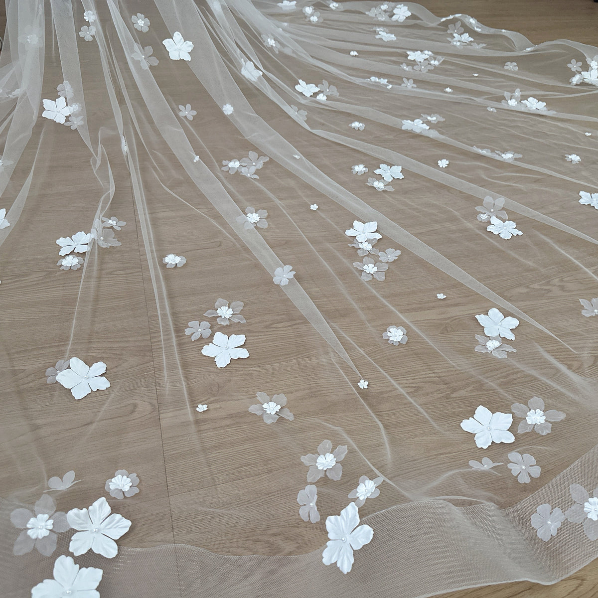 Cathedral Length Wedding Veil with 3D Floral Appliqués – Soft Tulle Romantic Bridal Veil