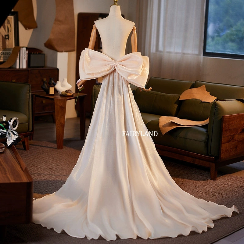 Ivory Satin Bow-Back Gown – Off-Shoulder Train Dress for Bridal & Editorial Photoshoots by FAIRYLAND