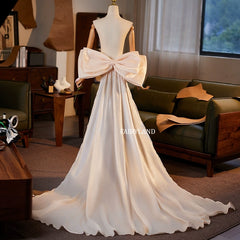 Ivory Satin Bow-Back Gown – Off-Shoulder Train Dress for Bridal & Editorial Photoshoots by FAIRYLAND