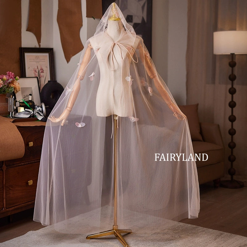 Butterfly Fairy Hooded Tulle Cape – Sheer Bridal Cloak with 3D Butterfly Appliqués