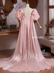 Pink Satin Puff Sleeve Gown – One-Shoulder Draped Train Dress for Bridal & Editorial Photoshoots by FAIRYLAND