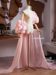 Pink Satin Puff Sleeve Gown – One-Shoulder Draped Train Dress for Bridal & Editorial Photoshoots by FAIRYLAND