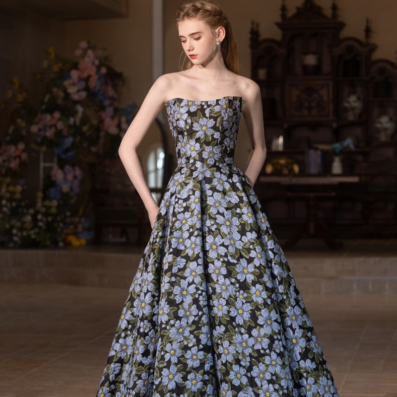 Strapless Floral Jacquard Ball Gown – Elegant Vintage-Inspired Evening & Formal Dress