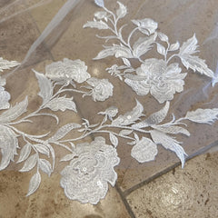 Elegant Lace Flower Bridal Veil with Sheer Sequins. Ivory Soft Tulle Cathedral Veil. Exquisite Floral Lace Wedding Veil. Peony Flower Veil.