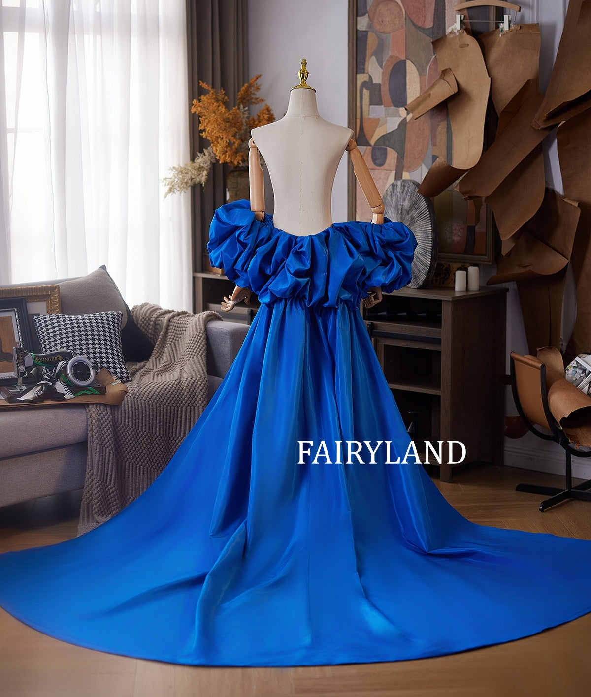 Royal Blue Puff Sleeve Gown – Dramatic Long Train Evening Dress for Photoshoot & Special Occasions