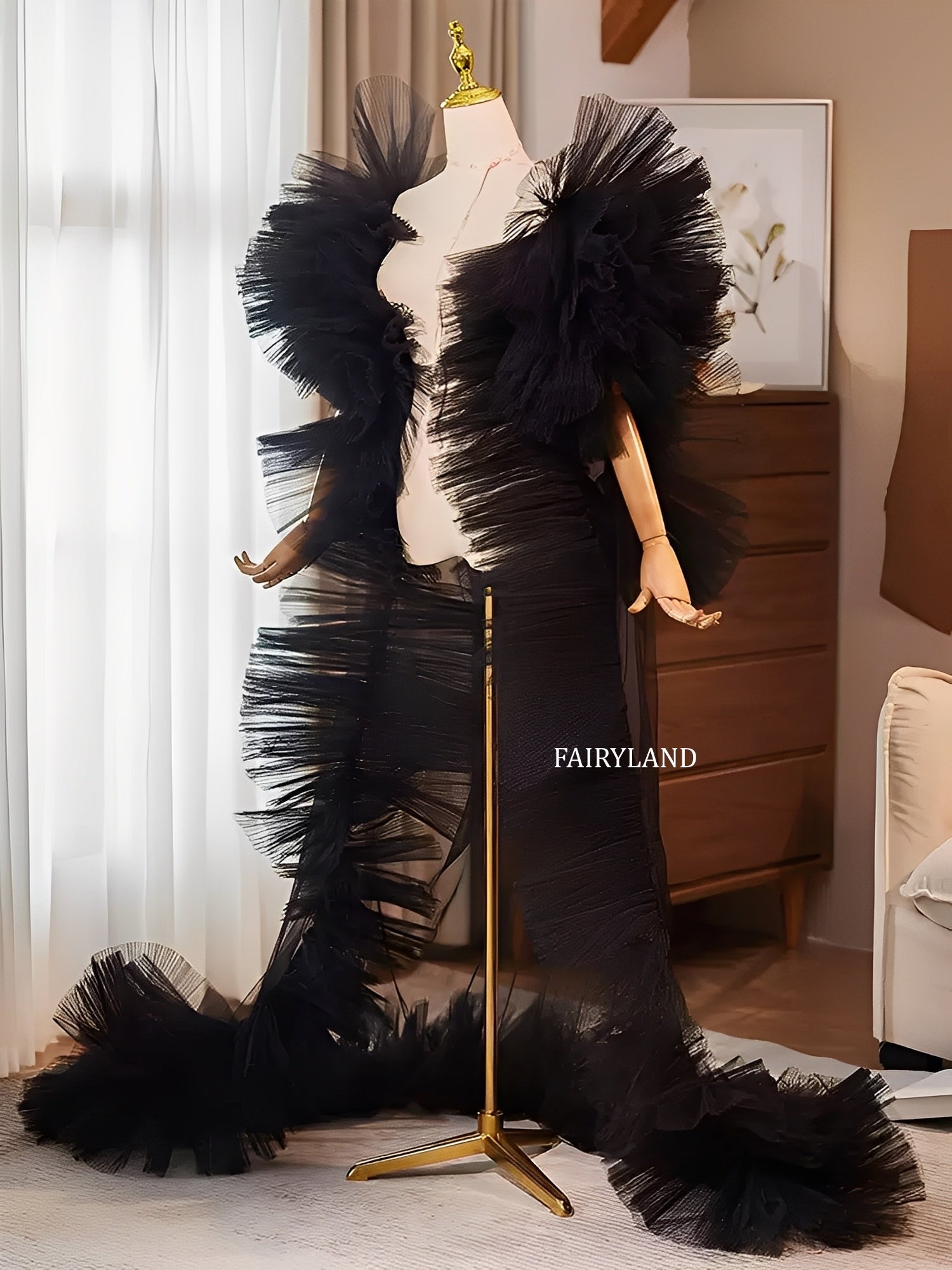 Black Dramatic Ruffled Tulle Sleeves – Couture Statement Detachable Bridal & Fashion Accessories