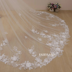 Floral Lace Cathedral Veil with Pearls, Handmade Wedding Veil
