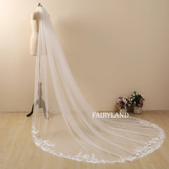 Floral Lace Cathedral Wedding Veil - Vintage Flowery Design