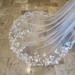 Elegant Lace Flower Bridal Veil with Sheer Sequins. Ivory Soft Tulle Cathedral Veil. Exquisite Floral Lace Wedding Veil. Peony Flower Veil.