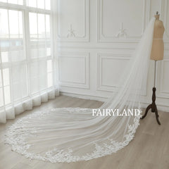 Elegant Lace Flower Wedding Veil, Sequin Flower Bridal Veil 1 Tier 137" Long Lace Veil Cathedral Length Royal Veil 137" with Comb