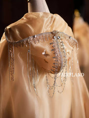 Golden Organza Hooded Cape – Shimmering Bridal Cloak with Beaded Embellished Hood