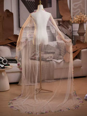 Embroidered Floral Tulle Bridal Cape Veil – Long Sheer Wedding Cape with Delicate Appliqué Edge