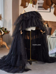 Black Sparkle Layered Tulle Skirt – Dramatic High-Low Train Skirt for Photoshoots & Special Events