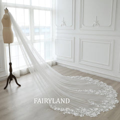 Veil Bridal Pearl 3D Scattered Small Florals, Floral Lace Wedding Veil 1 Tier 118" Cathedral, Lace Wedding Veil Custom Lengt with Comb