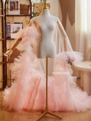 Pink Ruffled Tulle Bridal Robe with Long Train – Sheer Photoshoot Gown by FAIRYLAND