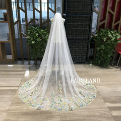 Colorful Wild Flower Wedding Veil, Super Fairy Colorful Lace Bridal Veil, Blue Pink Flower Veil, Custom Hand Made Veil