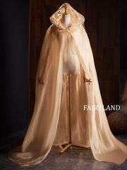 Golden Organza Hooded Cape – Shimmering Bridal Cloak with Beaded Embellished Hood