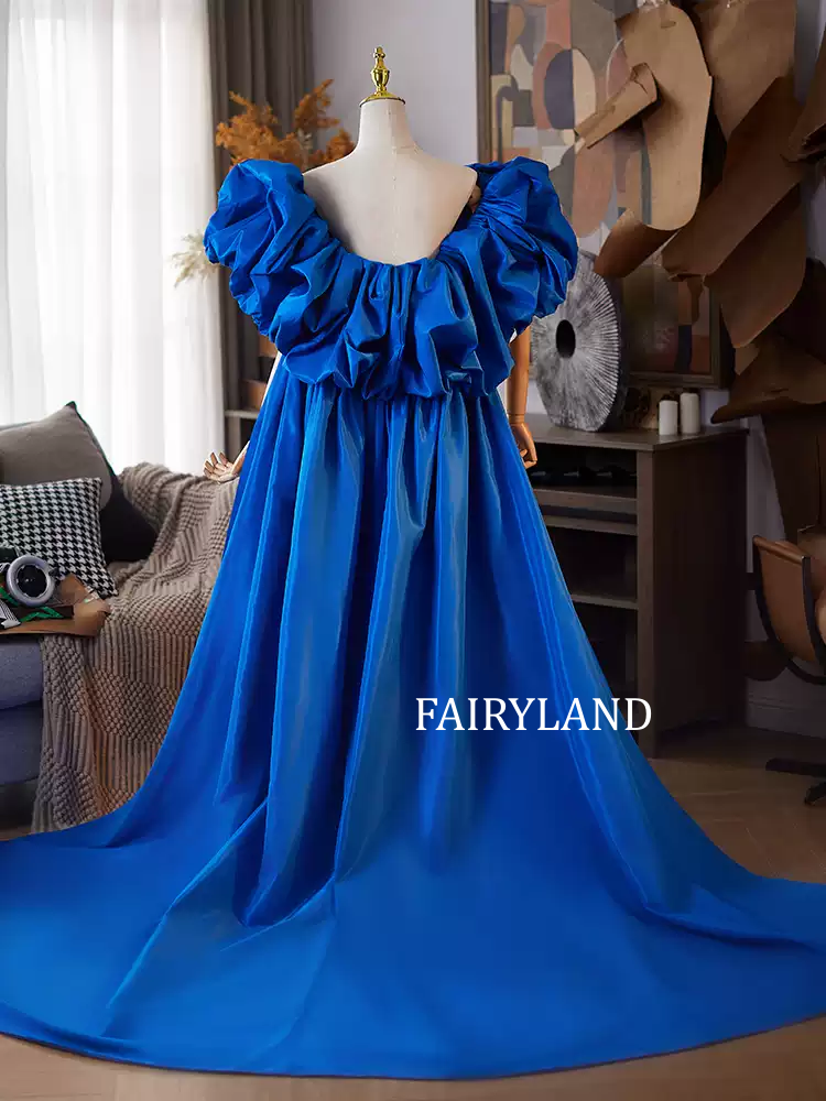 Royal Blue Puff Sleeve Gown – Dramatic Long Train Evening Dress for Photoshoot & Special Occasions