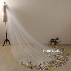 Floral Garden Cathedral Wedding Veil – Colorful Embroidered Long Bridal Veil by FAIRYLAND