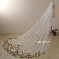 Floral Garden Cathedral Wedding Veil – Colorful Embroidered Long Bridal Veil by FAIRYLAND
