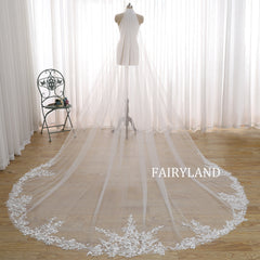 Cathedral Length Wedding Veil with Floral Lace Appliqué – Long Bridal Veil with Elegant Lace Edge