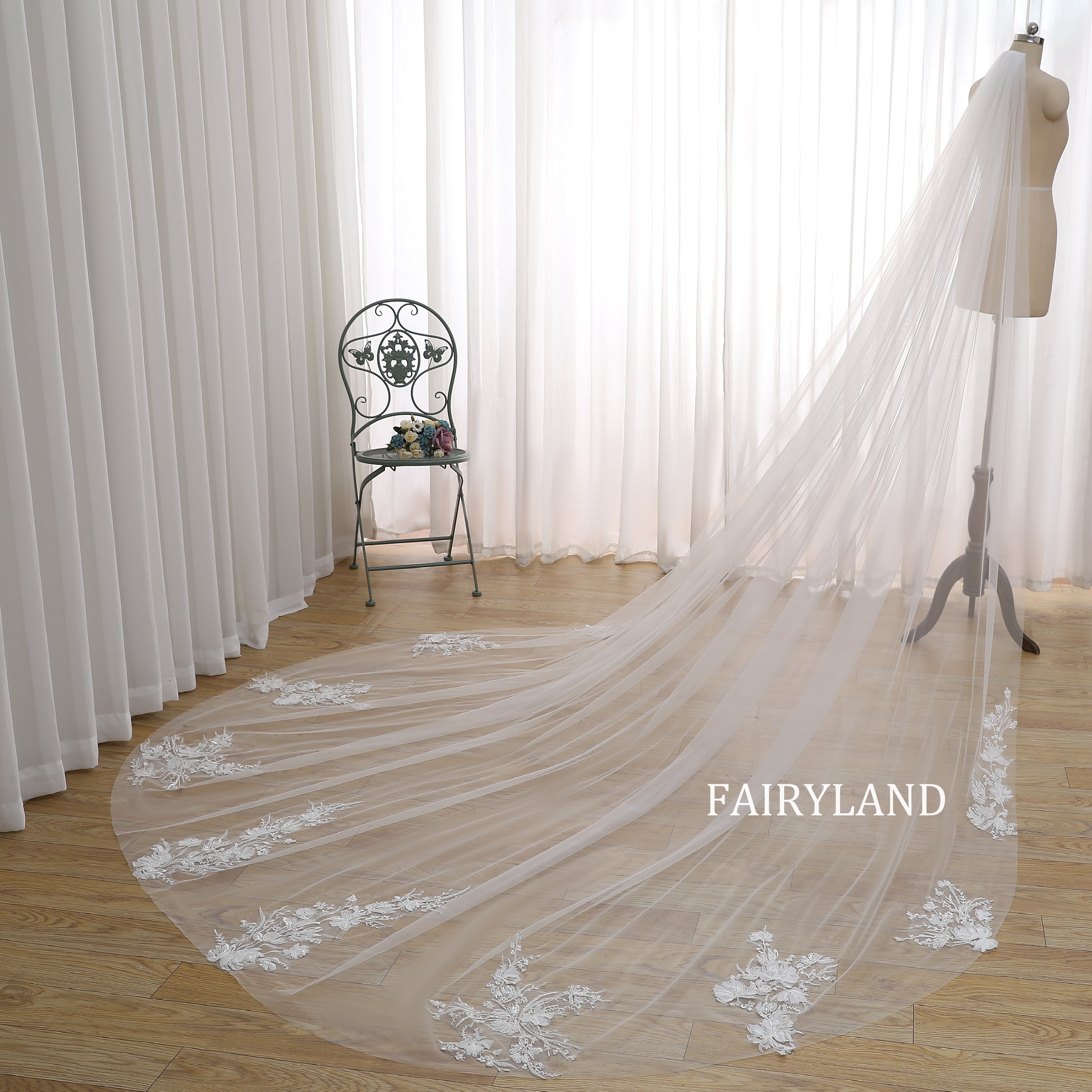 Glitter Sequins Bridal Veil -  Plant Appliques Veil For Wedding With Comb