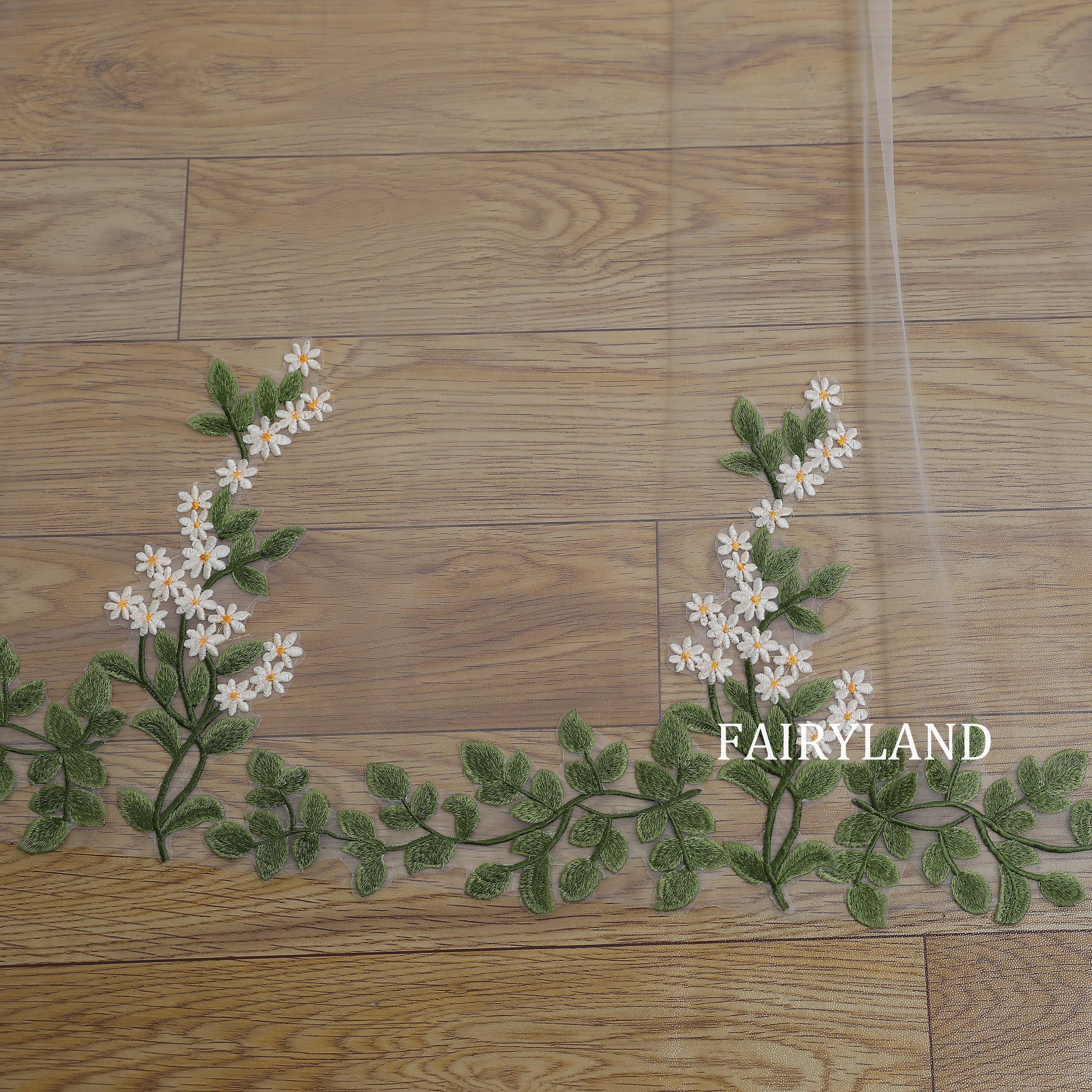 Cathedral Length Wedding Veil with Green Leaf & White Floral Embroidery – Boho Bride Long Train Veil