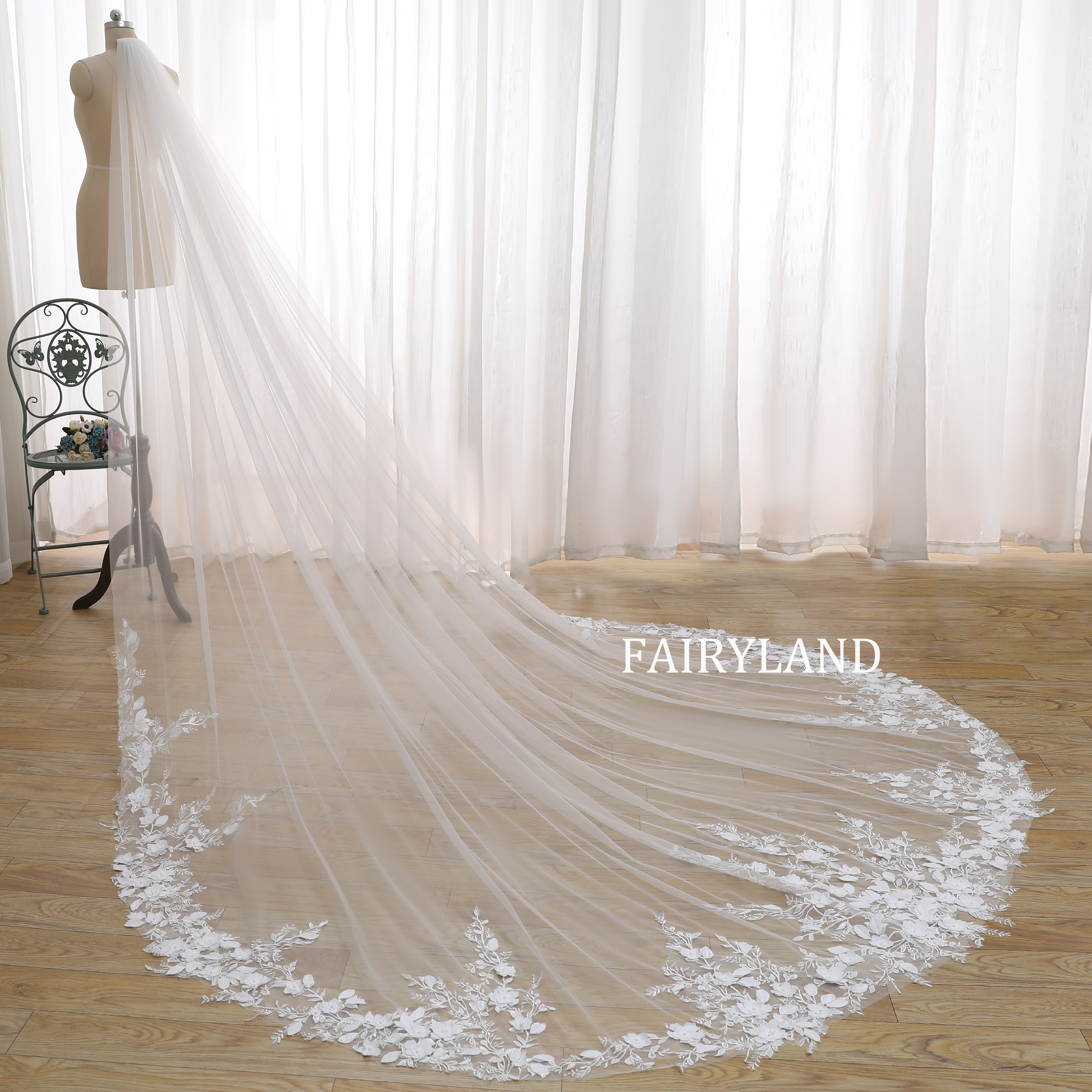 Cathedral Wedding Veil with White Floral Lace Embroidery