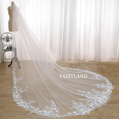 Cathedral Wedding Veil With White Floral Lace Embroidery by FAIRYLAND