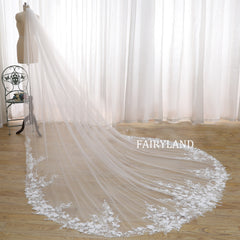Cathedral Wedding Veil with White Floral Lace Embroidery