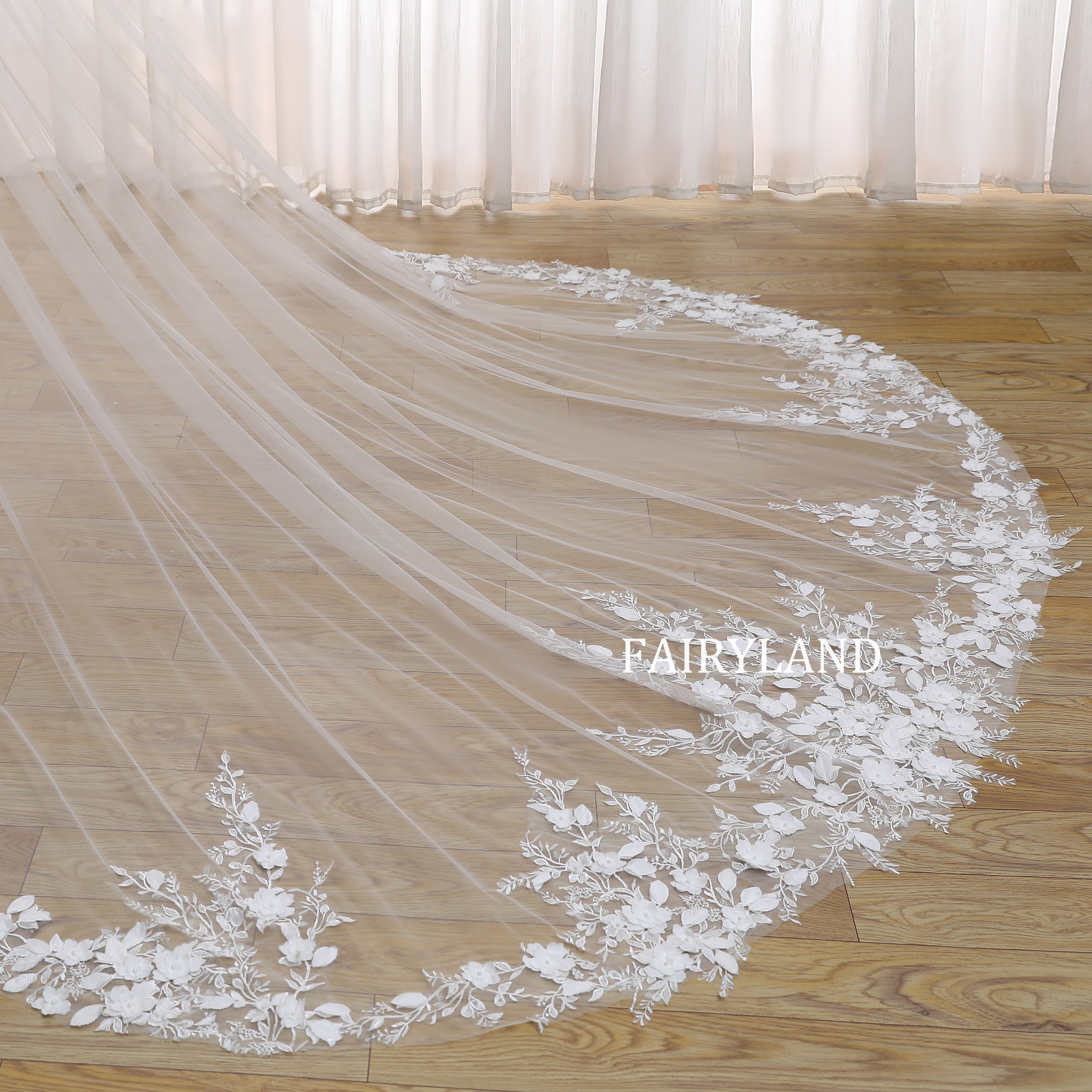 Cathedral Wedding Veil with White Floral Lace Embroidery
