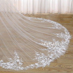 Cathedral Wedding Veil with White Floral Lace Embroidery