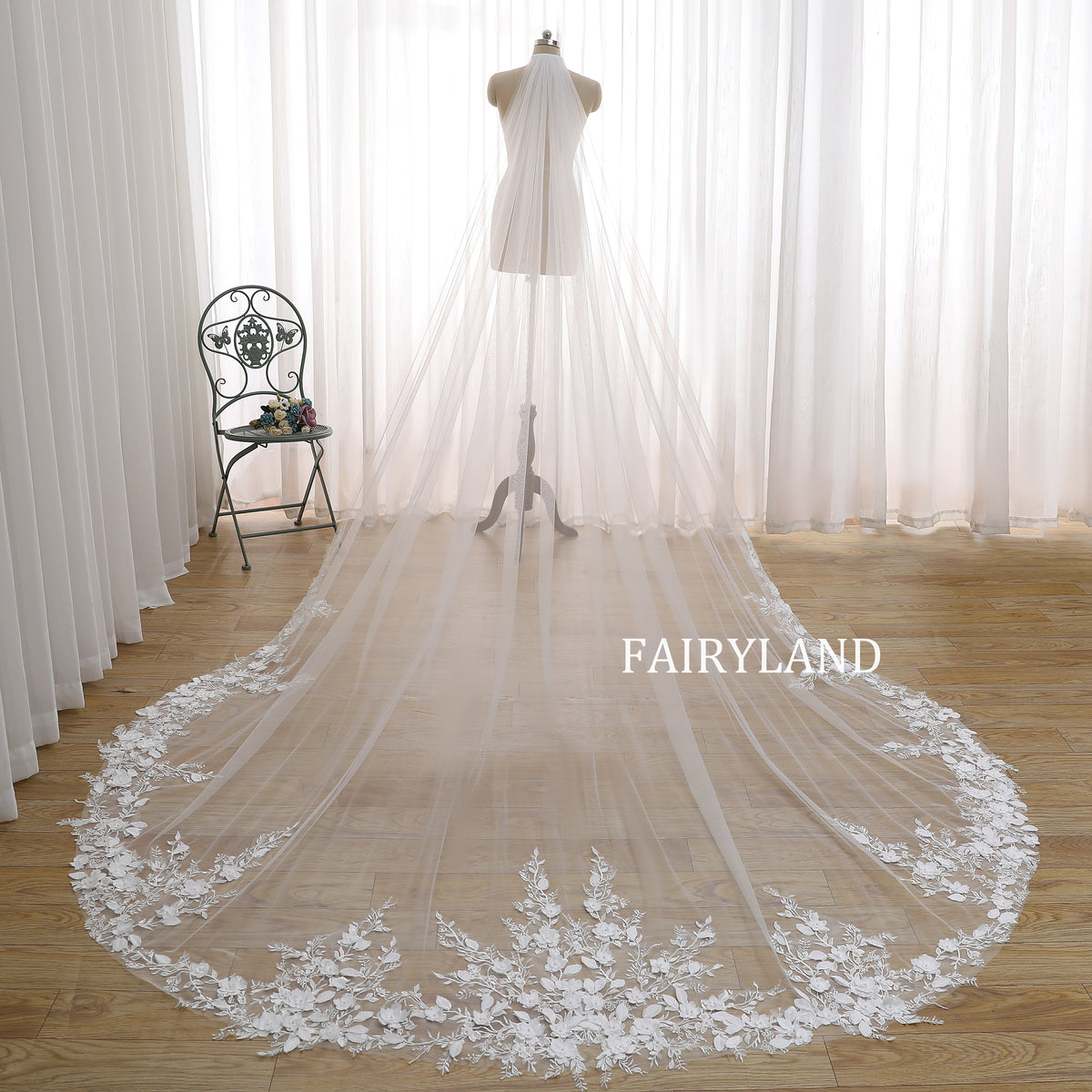 Cathedral Wedding Veil with White Floral Lace Embroidery
