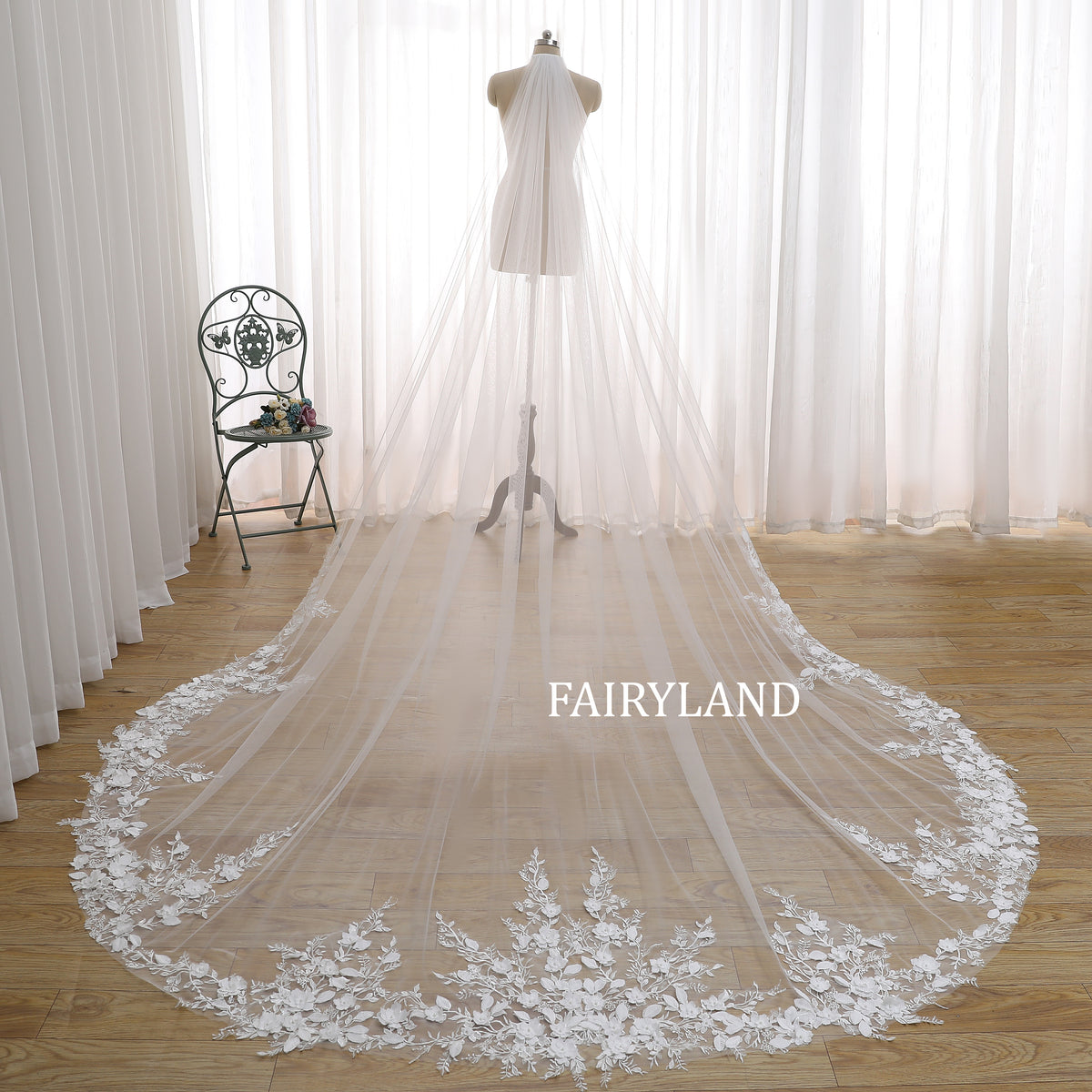 Cathedral Wedding Veil With White Floral Lace Embroidery by FAIRYLAND