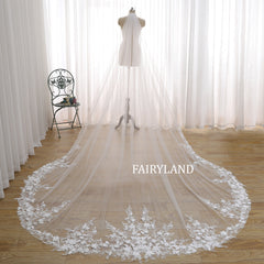 Cathedral Wedding Veil With White Floral Lace Embroidery by FAIRYLAND