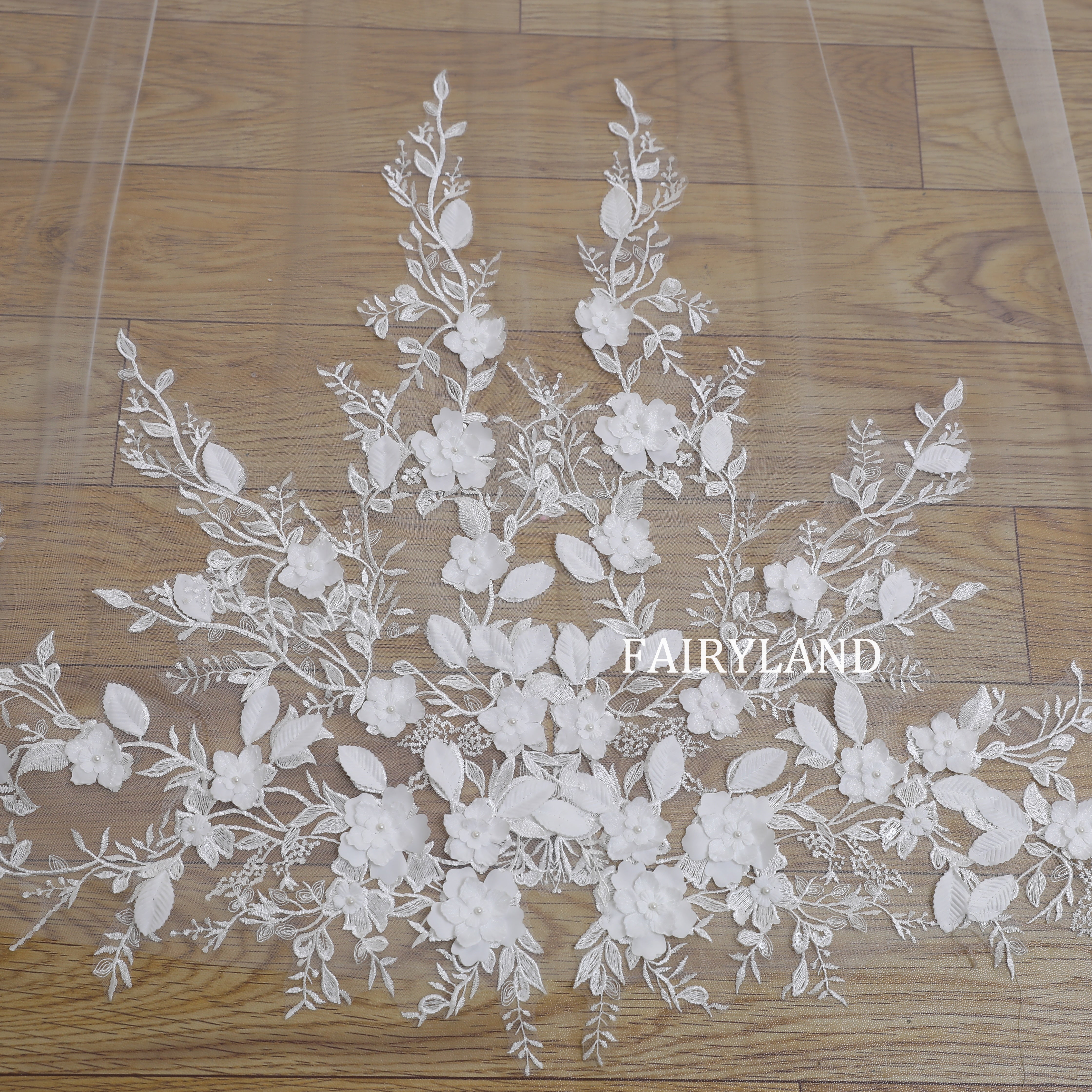 Cathedral Wedding Veil with White Floral Lace Embroidery