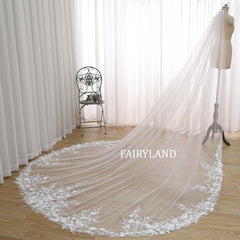 Cathedral Wedding Veil With White Floral Lace Embroidery by FAIRYLAND
