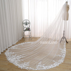 Cathedral Wedding Veil with White Floral Lace Embroidery