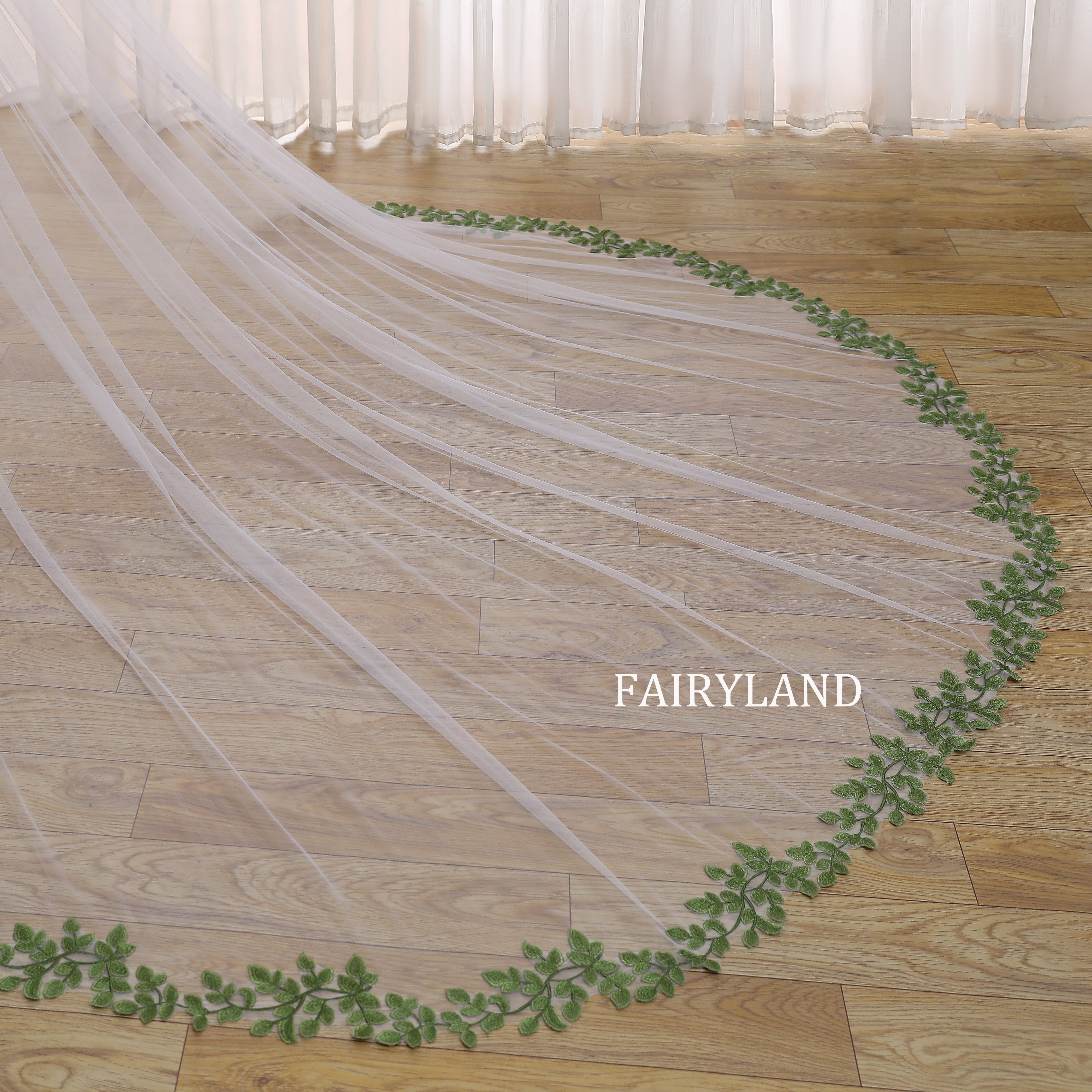 Floral Embroidered Cathedral Wedding Veil – Green Leaf Long Train