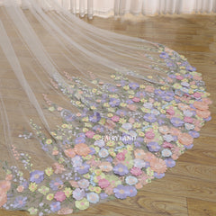 Fairy Purple Sunflower Bridal Veil, Colorful Pretty Sun Flower Wedding Veil 1 Tier 137" Ivory White Tulle Veil Cathedral Royal with Comb
