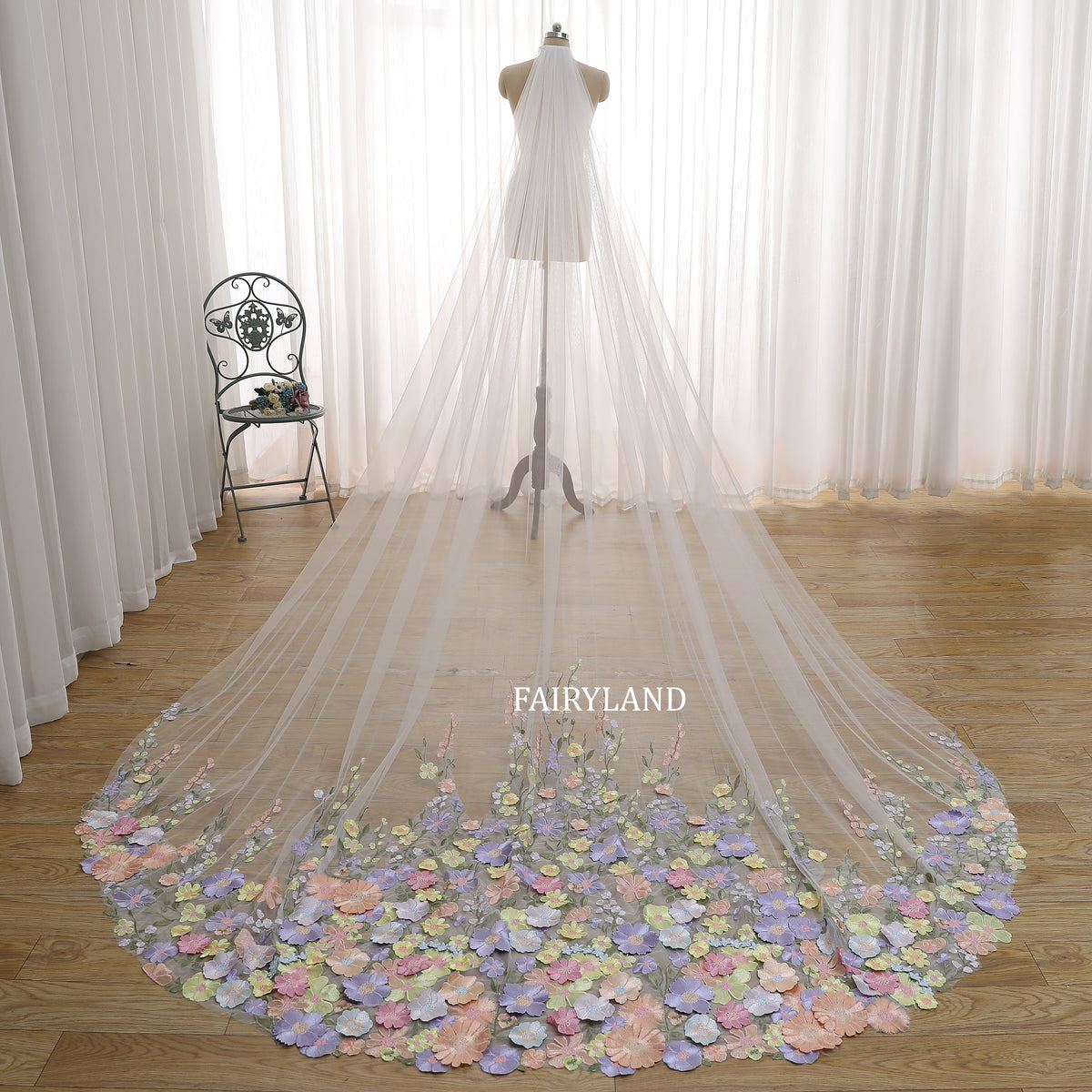 Fairy Purple Sunflower Bridal Veil, Colorful Pretty Sun Flower Wedding Veil 1 Tier 137" Ivory White Tulle Veil Cathedral Royal with Comb