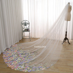 Fairy Purple Sunflower Bridal Veil, Colorful Pretty Sun Flower Wedding Veil 1 Tier 137" Ivory White Tulle Veil Cathedral Royal with Comb