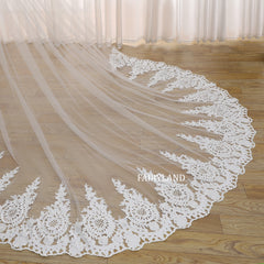 Cathedral Lace Appliqué Wedding Veil – Long Soft Tulle Bridal Veil with Scalloped Embroidered Edge by FAIRYLAND