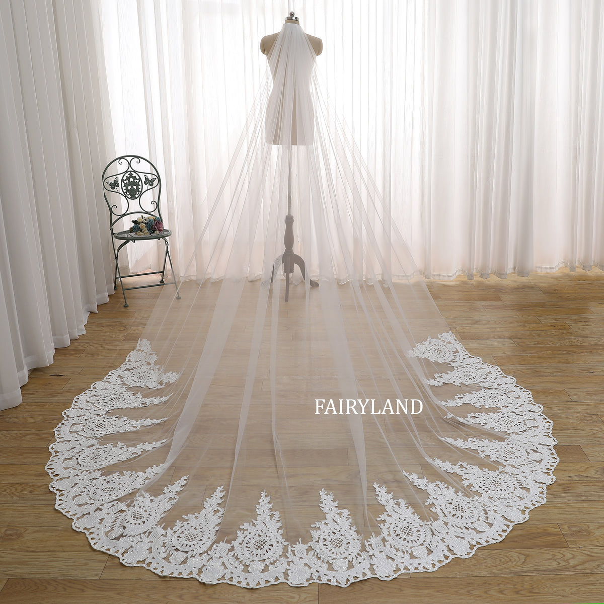 Cathedral Lace Appliqué Wedding Veil – Long Soft Tulle Bridal Veil with Scalloped Embroidered Edge by FAIRYLAND